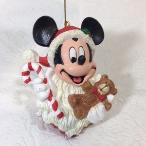 VTG Disney Santa Mickey Mouse In 3D w/Candy Cane & Bear Christmas Ornament 3.5"